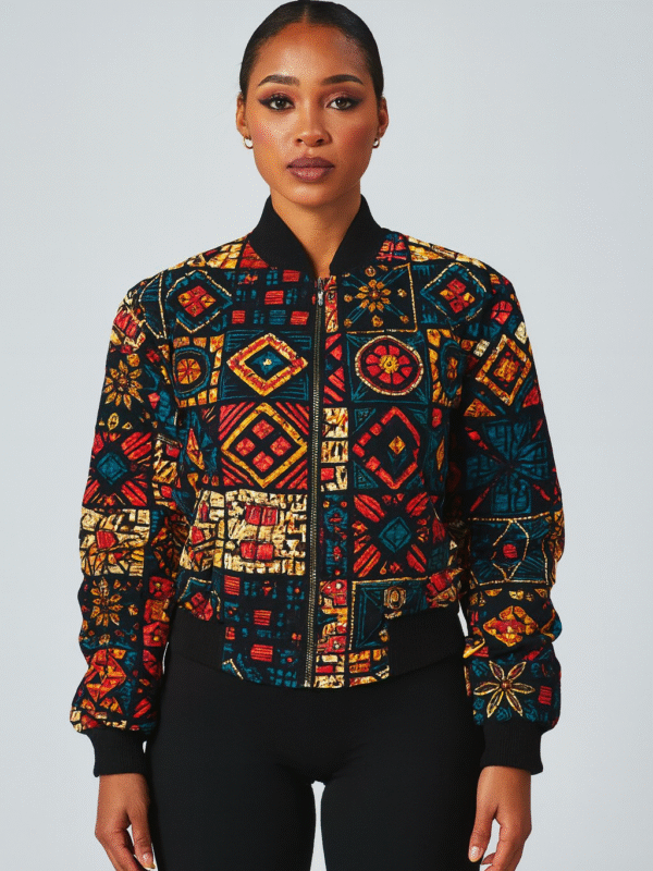 Multicolored Ankara bomber jacket with geometric African print worn by a female model.