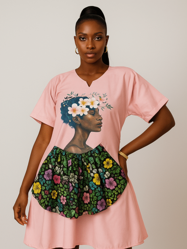 Pink African print short dress with floral art graphic and multicolored Ankara pocket panel, worn by a Black female model.