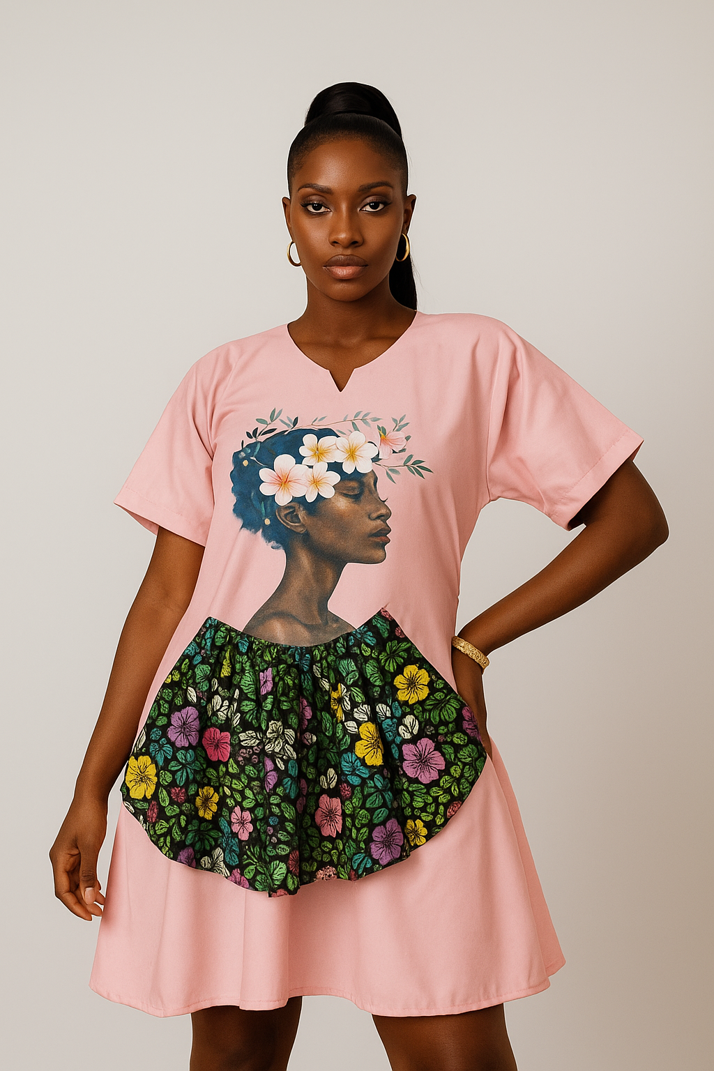 Pink African print short dress with floral art graphic and multicolored Ankara pocket panel, worn by a Black female model.