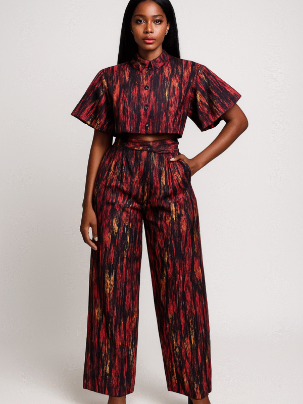 Red and black patterned two-piece set with a cropped button-up top and wide-leg trousers worn by a Black female model