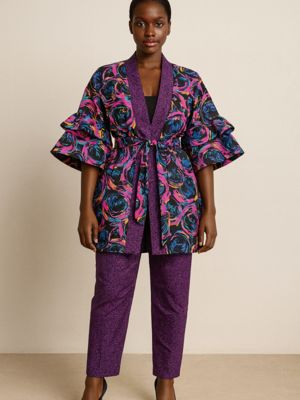 Multicolor kimono jacket with ruffled layered sleeves and purple trousers worn by a Black female model.